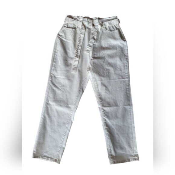 Paper Bag Mom Jeans Belted White Denim Esqualo Size 12 - Picture 2 of 13